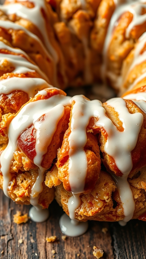 Freshly baked monkey bread drizzled with sweet glaze on a rustic wooden table.